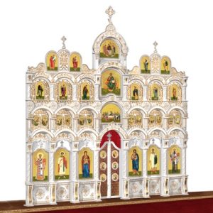 Іконостас дерев'яний різьблений Благовіщенський чотириярусний білий із золотом (патина), 664х671,5х28 см