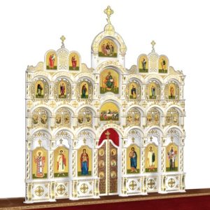 Іконостас дерев'яний різьблений Благовіщенський чотириярусний білий із золотом (поталь), 664х671,5х28 см