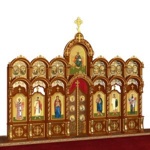 Іконостас дерев'яний різьблений Благовіщенський двоярусний, колір кипарис із золотом, 664х493х28 см