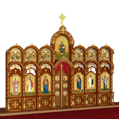Іконостас дерев'яний різьблений Благовіщенський двоярусний, колір кипарис із золотом, 664х493х28 см