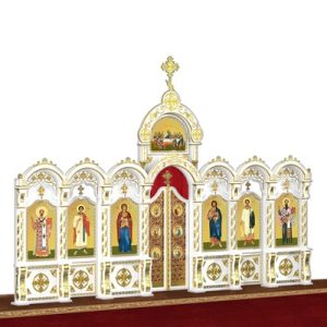 Іконостас дерев'яний різьблений Благовіщенський одноярусний білий із золотом (поталь), 664х449х28 см