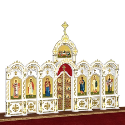 Іконостас дерев'яний різьблений Благовіщенський одноярусний білий із золотом (поталь), 664х449х28 см