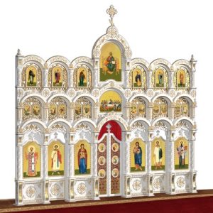 Іконостас дерев'яний різьблений Благовіщенський триярусний білий із золотом (патина), 664х598,5х28 см