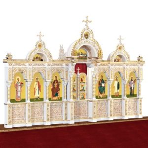 Іконостас дерев'яний Романівський одноярусний білий із золотом (патина), 704х457х47 см