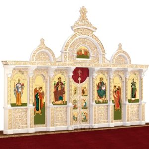 Іконостас дерев'яний різьблений Володимирський одноярусний білий із золотом (патина), 690х470х40 см
