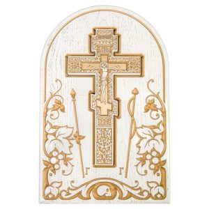 Хрест виносний аналойний білий із золотом (патина), з підставкою, 30х2х47 см
