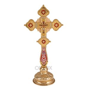 Хрест напрестольний/требний, цинковий сплав, каміння, емаль, 19х30,5 см