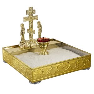 Кришка панахідного столу піскова з литою Голгофою, на ніжках, карбування, 40х40 см