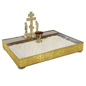 Кришка панахідного столу піскова з литою Голгофою, на ніжках, карбування, 70х50 см