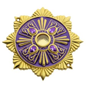Мощевик накладний з ювелірного сплаву в позолоті з фіолетовою емаллю та фіанітами, Ø 63/16 мм