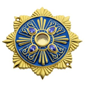Мощевик накладний з ювелірного сплаву в позолоті з блакитною емаллю та фіанітами, Ø 63/16 мм