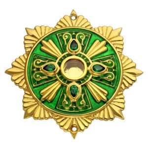 Мощевик накладний з ювелірного сплаву в позолоті із зеленою емаллю та фіанітами, Ø 63/16 мм