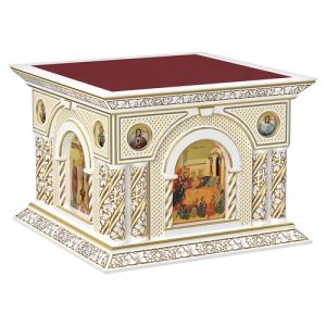 Хмара на престол Романівська з іконами біла із золотом (патина), 140х140х105 см