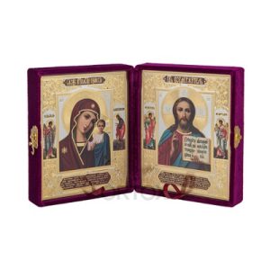 Складень вінчальний з ликами Спасителя та Божої Матері Казанська, 14х17 см, оксамит, №1