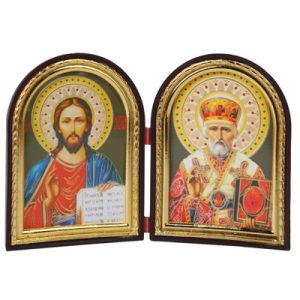 Складень з ликами Спасителя та святителя Миколая Чудотворця, арочної форми, 6,4х8,4 см