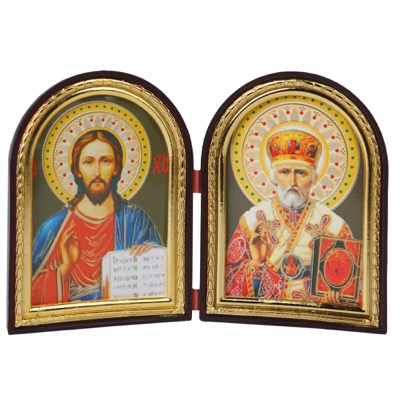 Складень з ликами Спасителя та святителя Миколая Чудотворця, арочної форми, 6,4х8,4 см