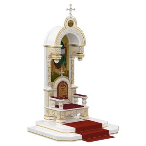 Архієрейський трон із покровом Романівський білий із золотом (патина), 113х89х351 см