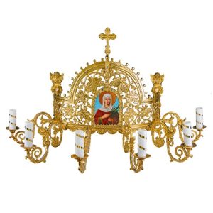 Церковне бра з латуні на 6 свічок, з іконою, 112х53 см, 3-0614